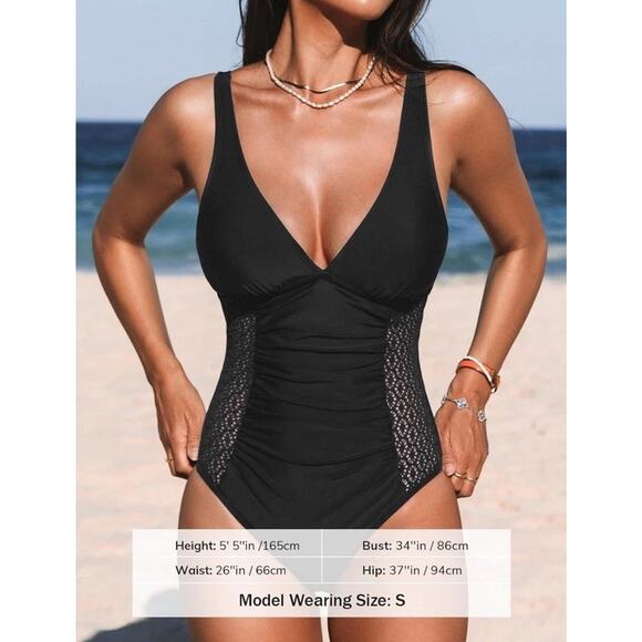 CUPSHE Ruched Lace Plunge V-Neck Black One Piece Swimsuit NWT SIZE XS - Picture 5 of 7